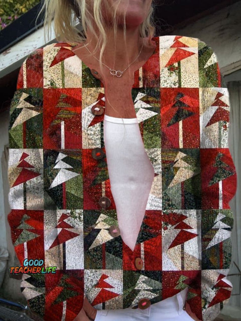 Christmas Tree Print Buttoned Cardigan Sweater