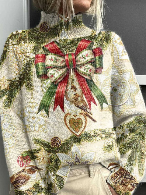 Christmas Tree Bird Bow Ribbon Art Print Knit Turtleneck Pullover Sweater