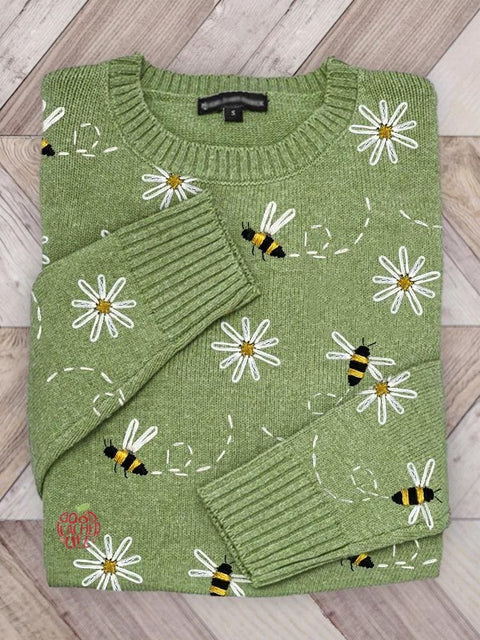 Bee Floral Art Print Knit Pullover Sweater