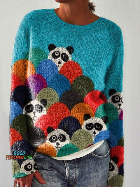Funny Panda Print Knit Pullover Sweater