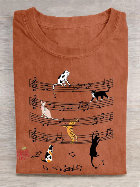 Cats And Music Casual Print T-shirt