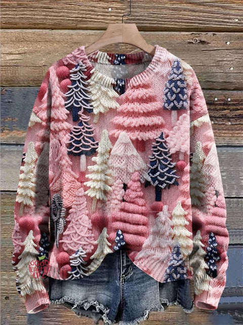 Pink Christmas Tree Print Knit Pullover Sweater