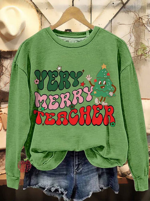 Merry Christmas Very Merry Teacher Casual Print Sweatshirt