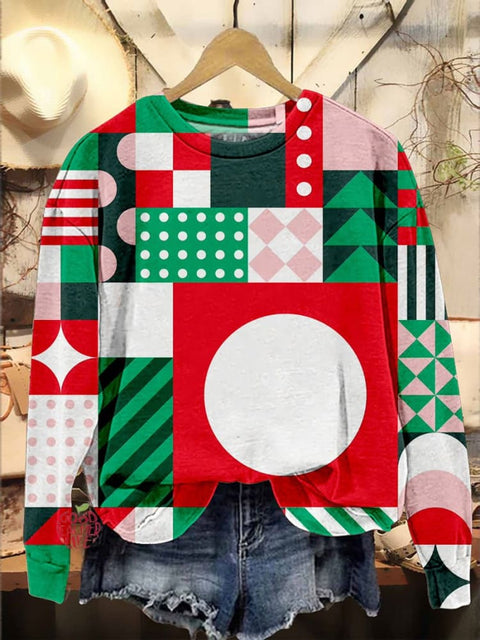 Simple Geometric Splicing Contrasting Colors Christmas Casual Print Sweatshirt