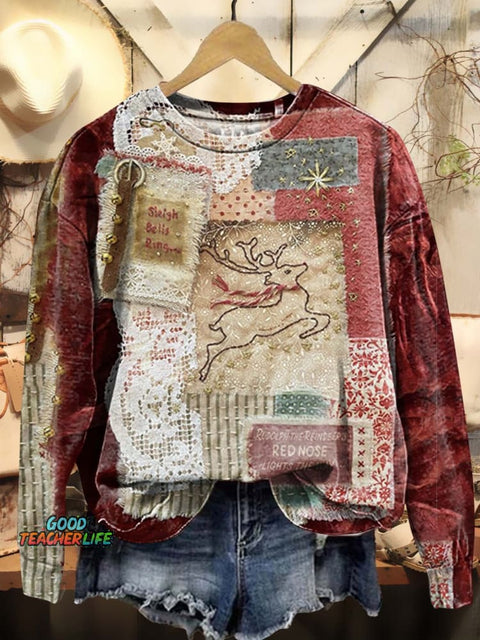 Elk Patchwork Art Print Casual Sweatshirt