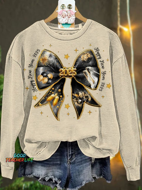 New Year Coquette Bow Gold Glitter Casual  Sweatshirt