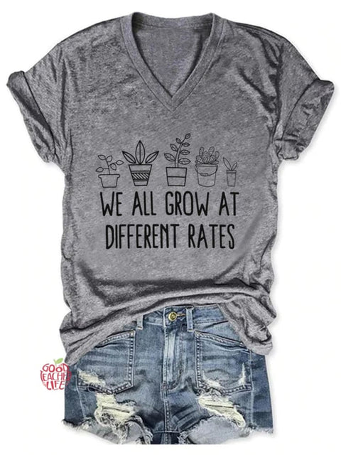 Women's We All Grow At Different Rates Teacher V-neck T-shirt