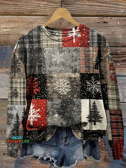 Retro Christmas Snowlakes Patchwork Art Prrint Casual  Sweatshirt