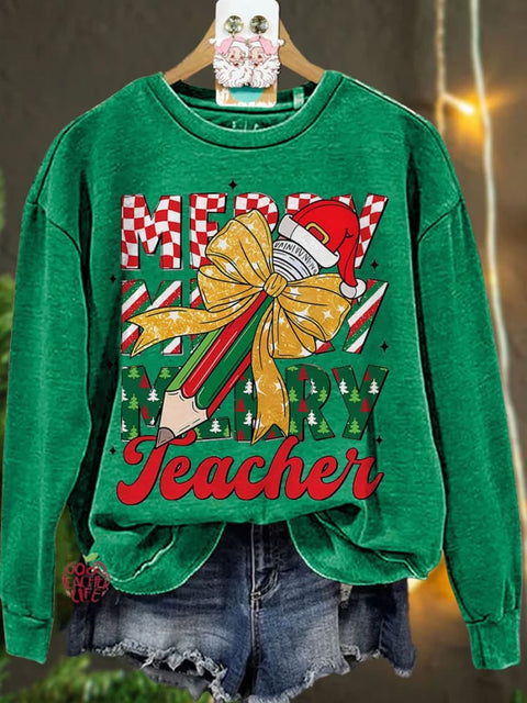 Christmas Pencil Tree Teacher Coquette Bow Casual Sweatshirt