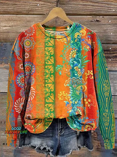 Retro Ethnic Floral Pattern Casual Sweatshirt