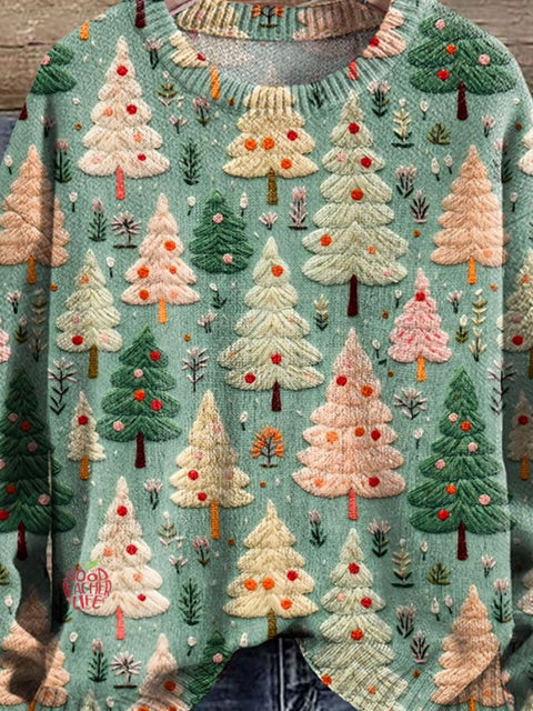 Sage and Beige Christmas Tree Print Knit Pullover Sweater