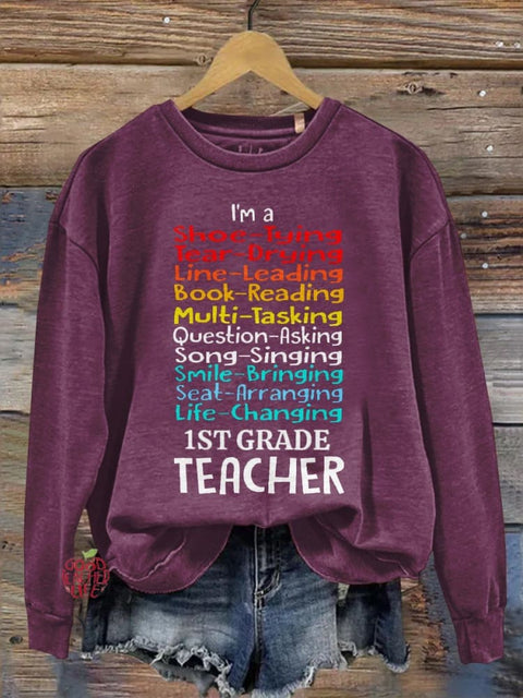 First Grade Teacher Print Casual Long Sleeve Sweatshirt