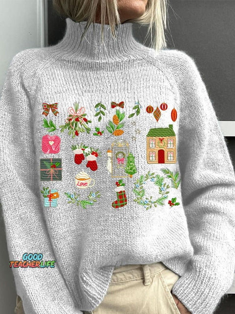 Embroidery   Christmas Art Print Knit Turtleneck Pullover Sweater