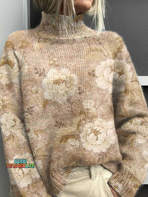 Retro Floral Pattern Print Knit Turtleneck Pullover Sweater
