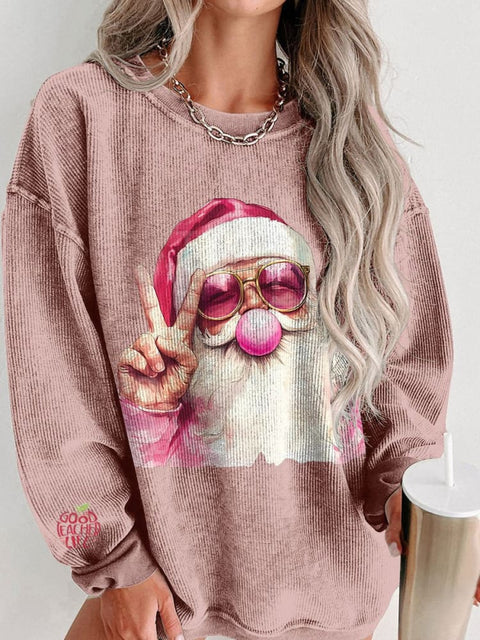 Women's Retro Santa Christmas Blowing Bubble Christmas Casual Print Shirt