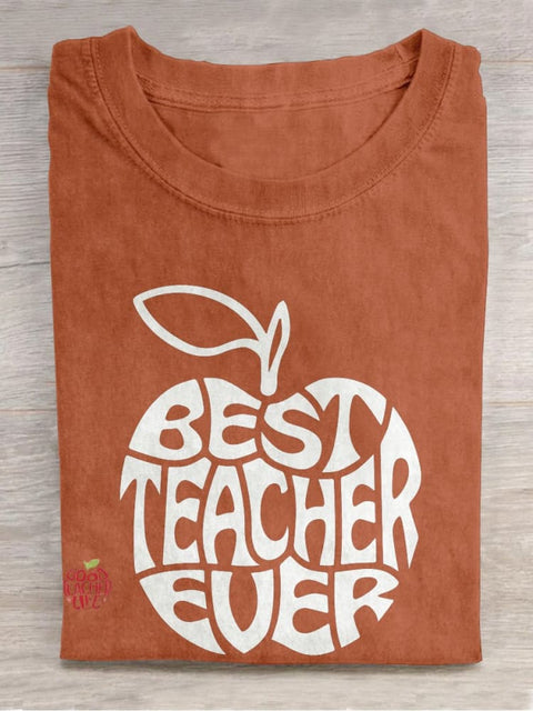 Best Teacher Ever Teach School Worker Apple Casual Print T-shirt