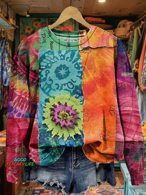 Women's Retro Clashing Floral Art Patterns Print Casual Sweatshirt