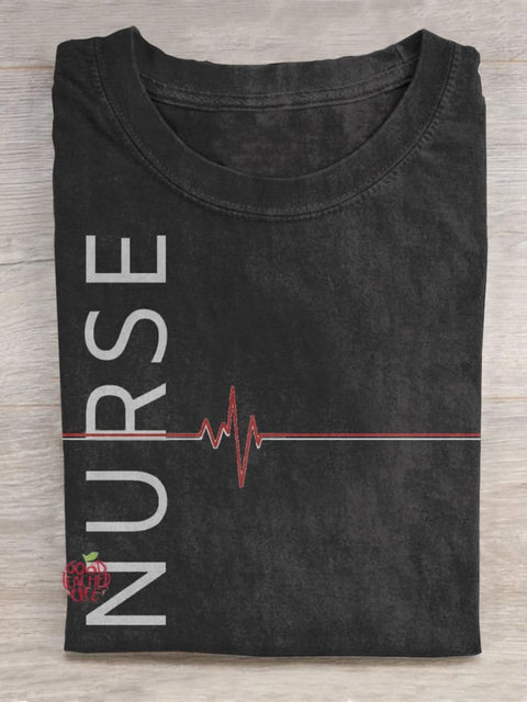 Nurse Texts And Heartbeat Graphic Printed T-shirt