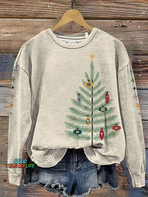 Retro Christmas Tree Art Printed Casual Sweatshirt