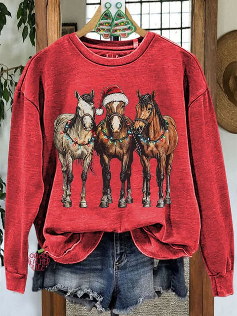 Christmas Horses Casual Print Sweatshirt