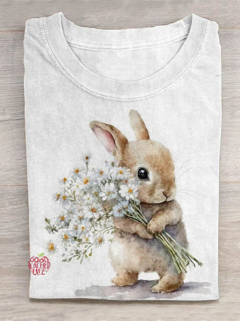 Easter Rabbit Flower Pattern Art Design Print T-shirt