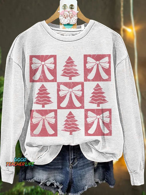 Christmas Retro Checkered Christmas Tree Pink bow Casual  Sweatshirt