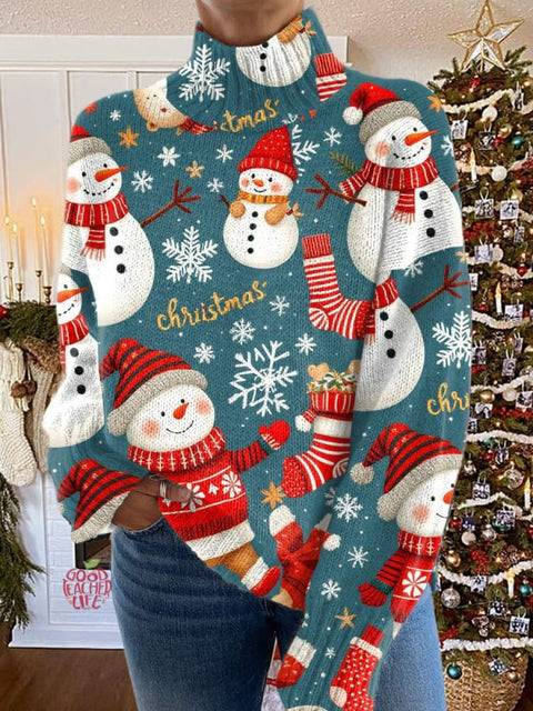 Christmas Snowman  Print Knit Turtleneck Pullover Sweater