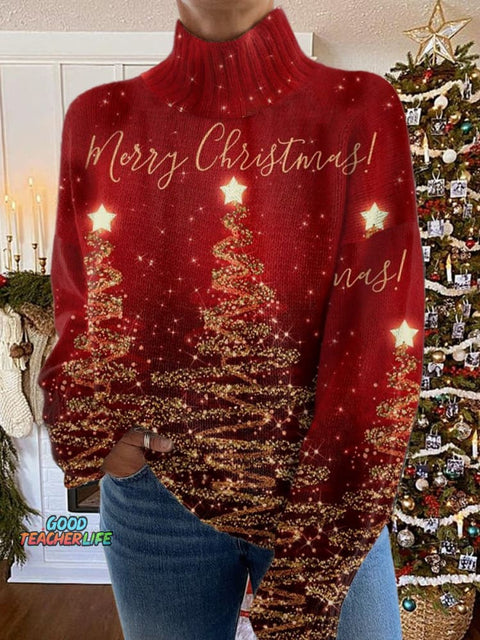 Glitter Christmas Print Knit Turtleneck Pullover Sweater