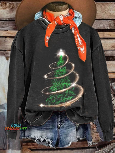 Glitter Christmas Tree Print Casual  Sweatshirt