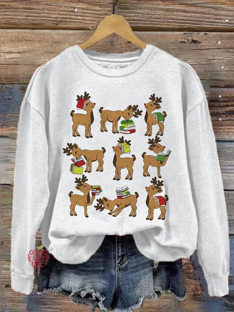 Reindeer Reading Teacher Christmas Book Lover Reading Teacher Casual Print Sweatshirt