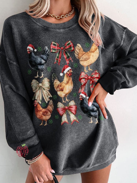 Women's Chicken Christmas Coquette Casual Print Corduroy Sweatshirt