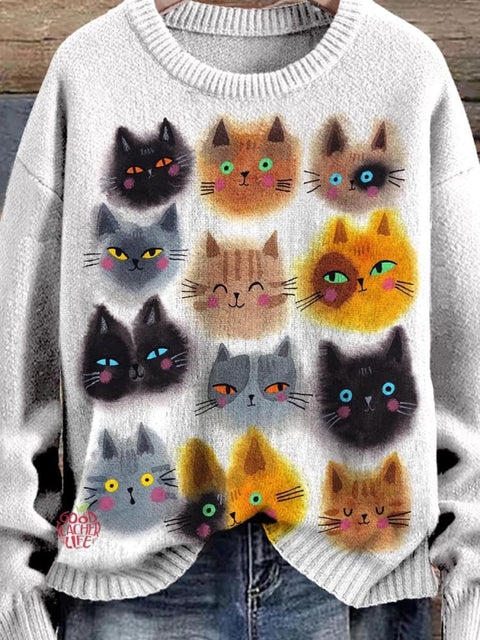 Funny Cats Portrait Art Pattern Print Casual Knit Pullover Sweater