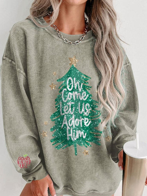 Women's Oh Come Let Us Adore Him Christmas Tree Casual Print Shirt