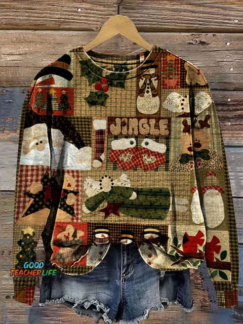 Retro Christmas Patchwork Art Prrint Casual  Sweatshirt