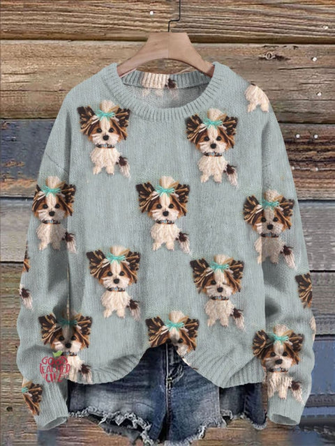 Blue Cute Dog Print Knit Pullover Sweater