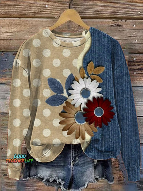 Denim And Floral Art Printed Casual Sweatshirt
