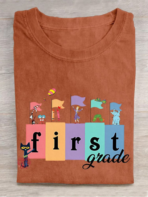 First Grade Pete The Cat Teacher Casual Print T-shirt