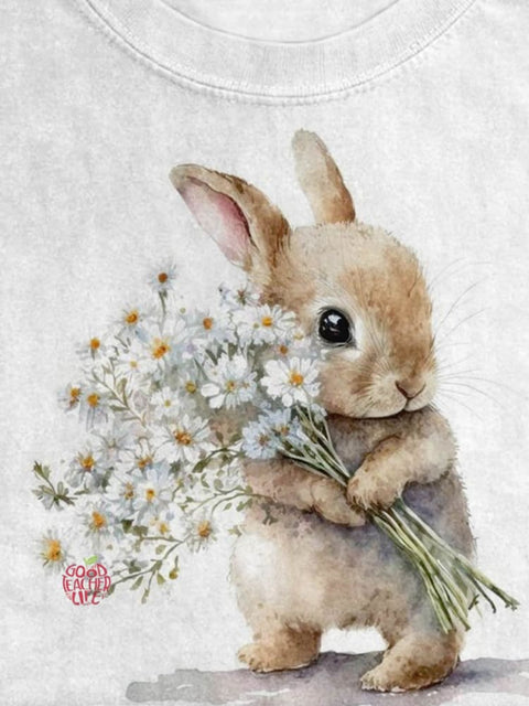 Easter Rabbit Flower Pattern Art Design Print T-shirt