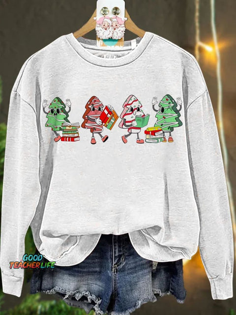 Christmas Cake Tree Reading Book Casual  Sweatshirt