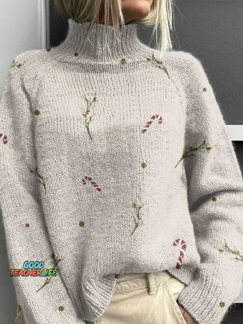 Christmas Candy Cane Print Knit Turtleneck Pullover Sweater