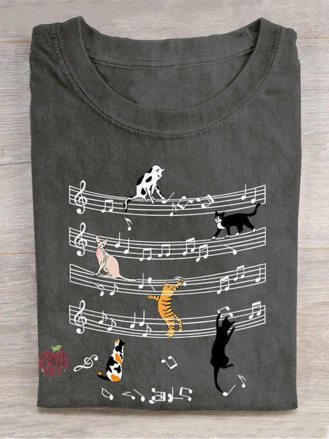 Cats And Music Casual Print T-shirt