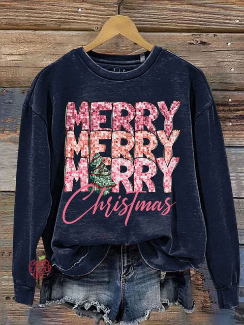 Merry Merry Merry Christmas Casual Print Sweatshirt