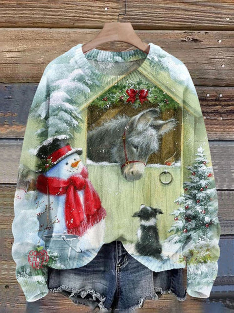 Christmas Snowman  Print Knit Pullover Sweater