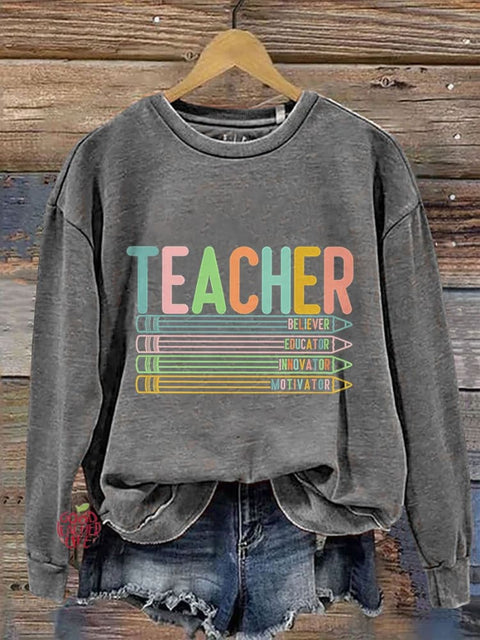 Retro Teacher Casual Print Sweatshirt