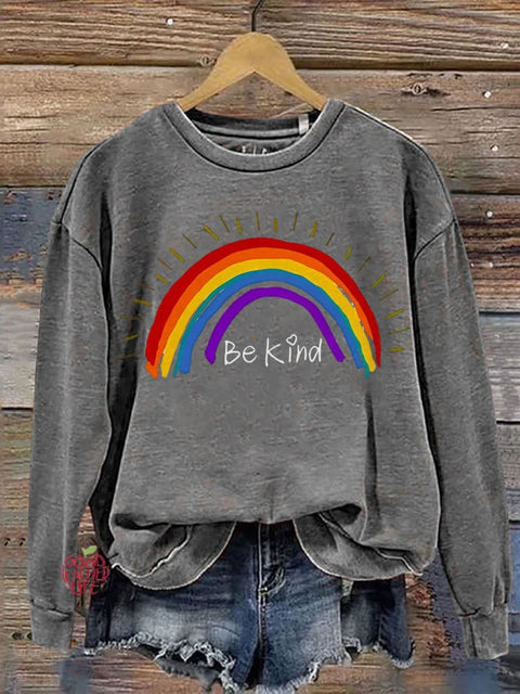 Be Kind Rainbow Stripe Casual Print Sweatshirt