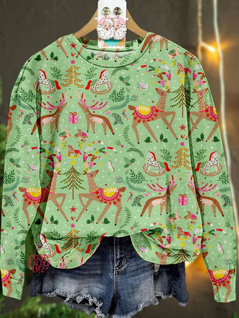 Retro Christmas Deer Casual Print Sweatshirt