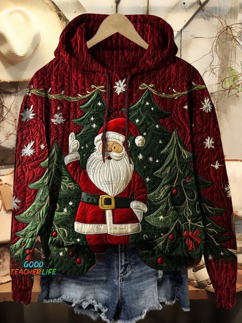 Women's Christmas Winter Santa Claus Textured Print Casual Hoodie Sweatshirt