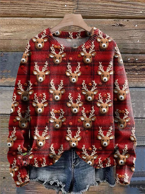 Red Plaid Reindeer Xmas Reindeer Cute Winter Plaid Christmas Reindeer Print Knit Pullover Sweater