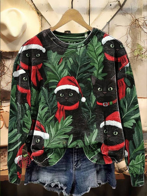 Christmas Black cat in Holly leaf Santa hat Casual  Sweatshirt