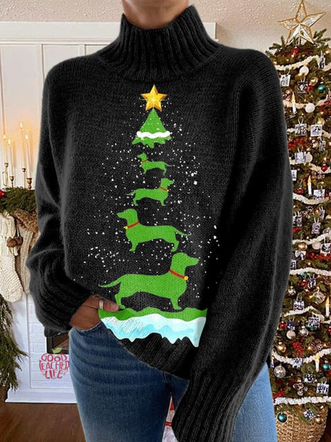 Dachshund Glitter  Christmas Tree Print Knit Turtleneck Pullover Sweater